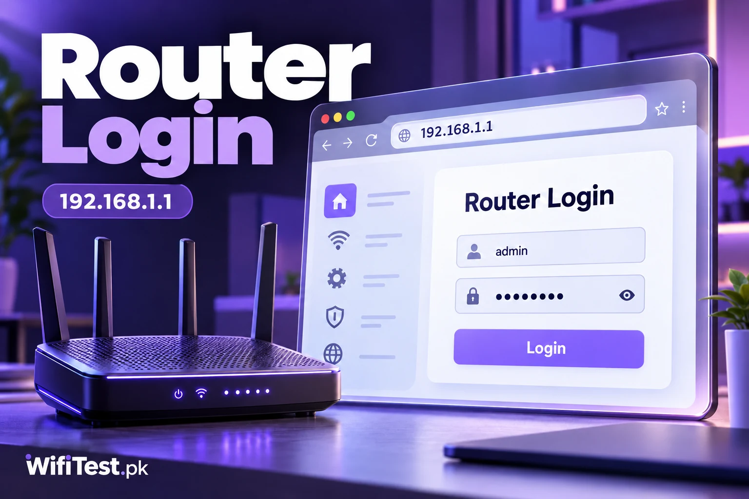 192.168.1.1 router login illustrated with a browser settings panel and home WiFi router.