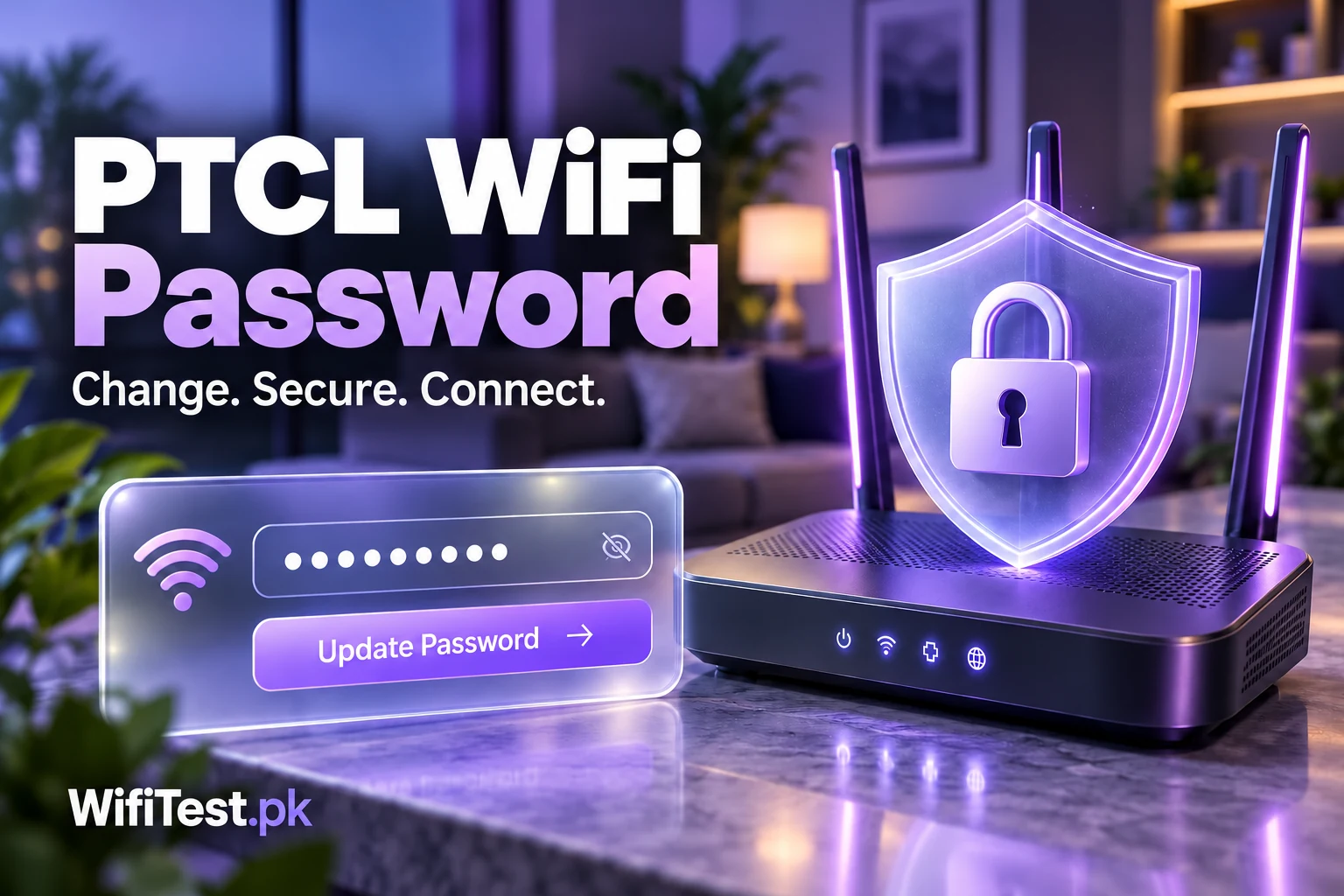PTCL WiFi password change illustration with a secure router, password field and shield lock.