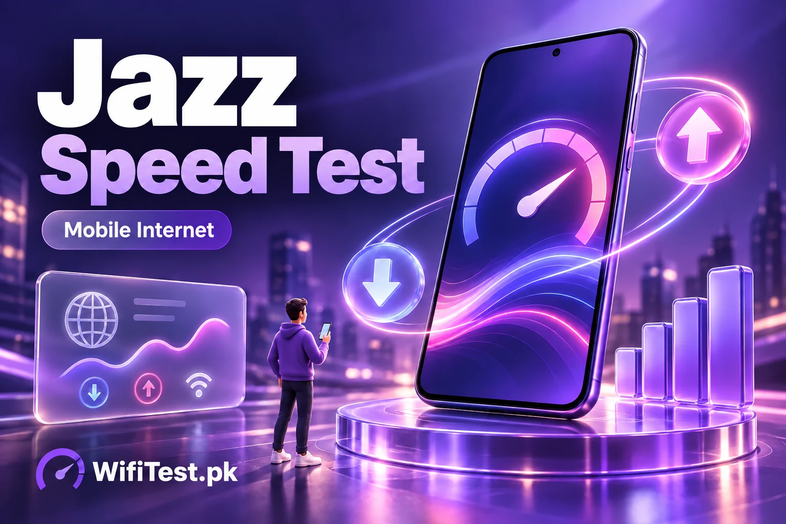 Jazz mobile internet speed test illustrated with a smartphone, 4G signal and data-transfer cards.