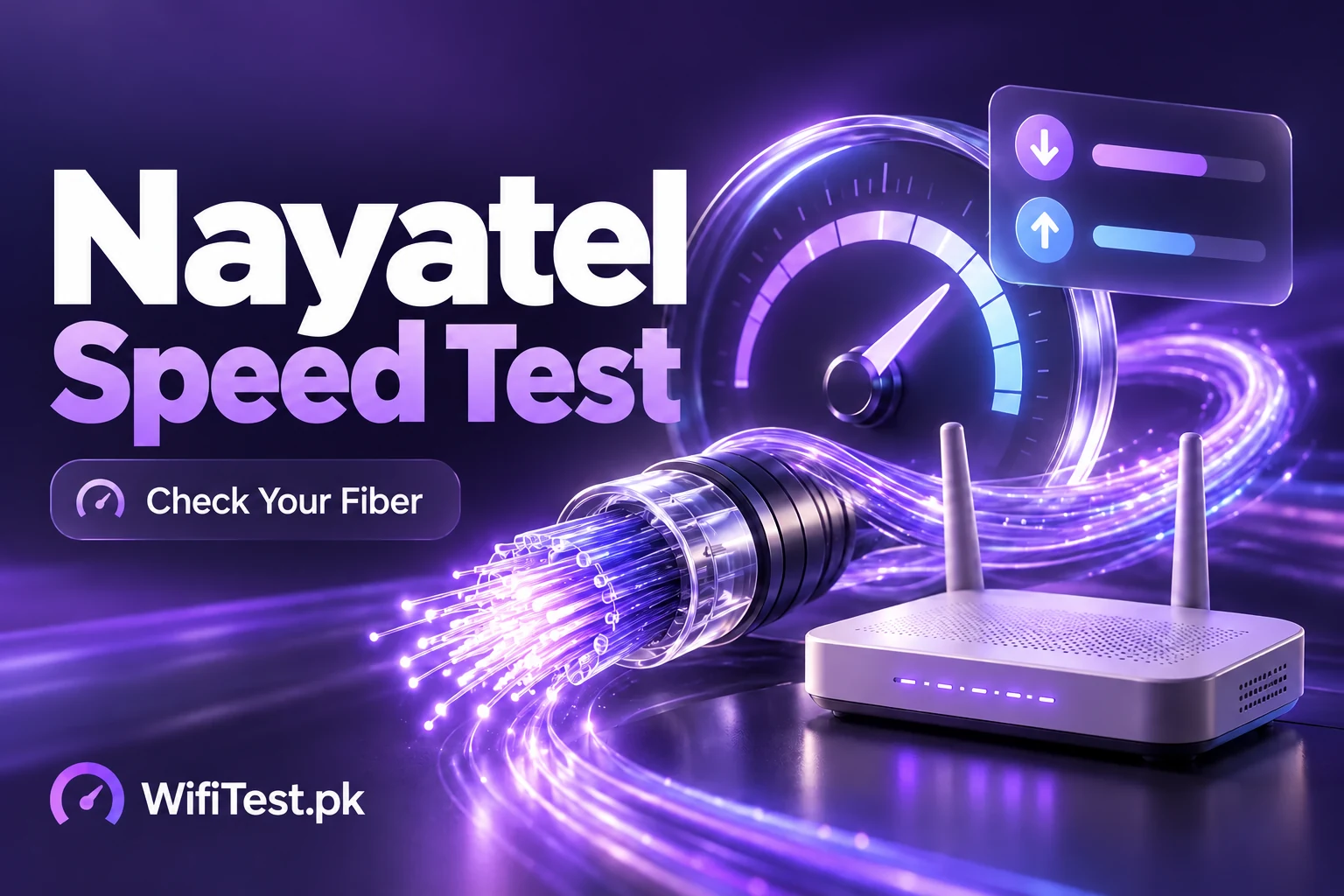 Nayatel fiber speed test illustrated by a glowing fiber connector and speed dashboard.