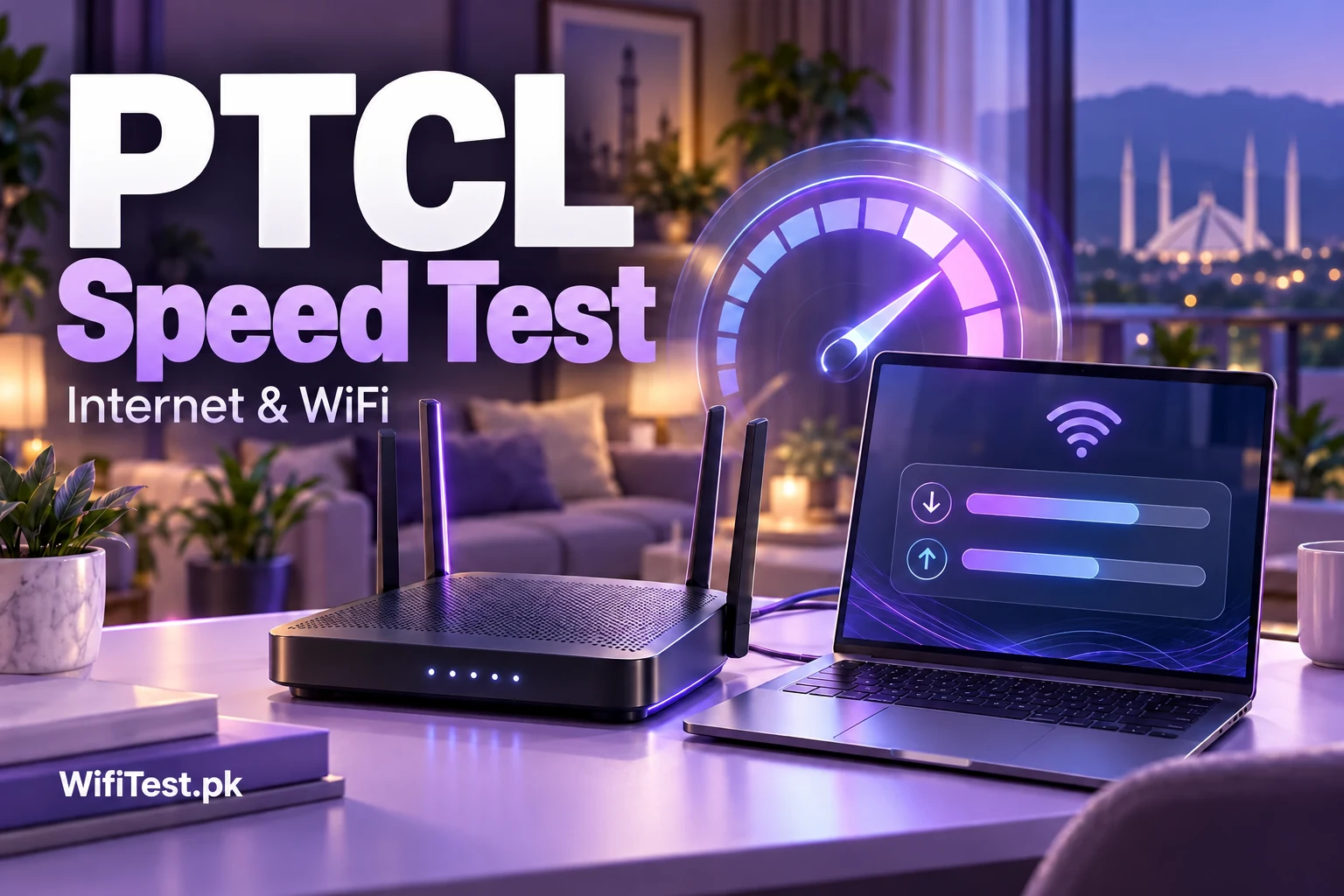PTCL internet speed test illustration with a WiFi router, laptop and speedometer dashboard.