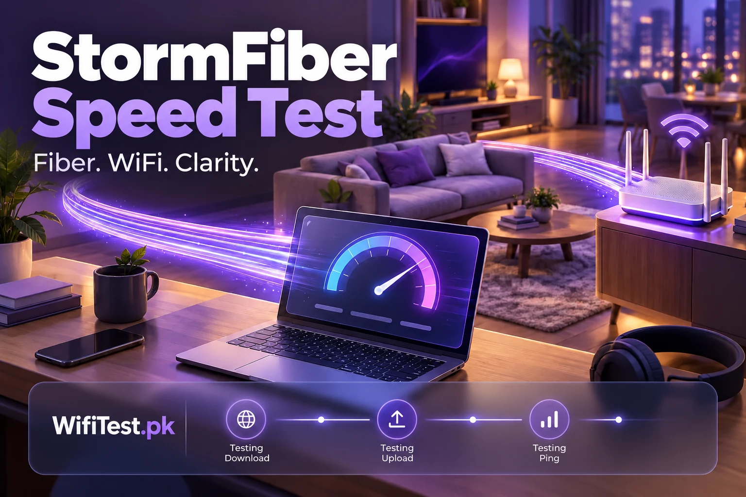 StormFiber WiFi speed test illustration with a home router and glowing fiber-optic connection.