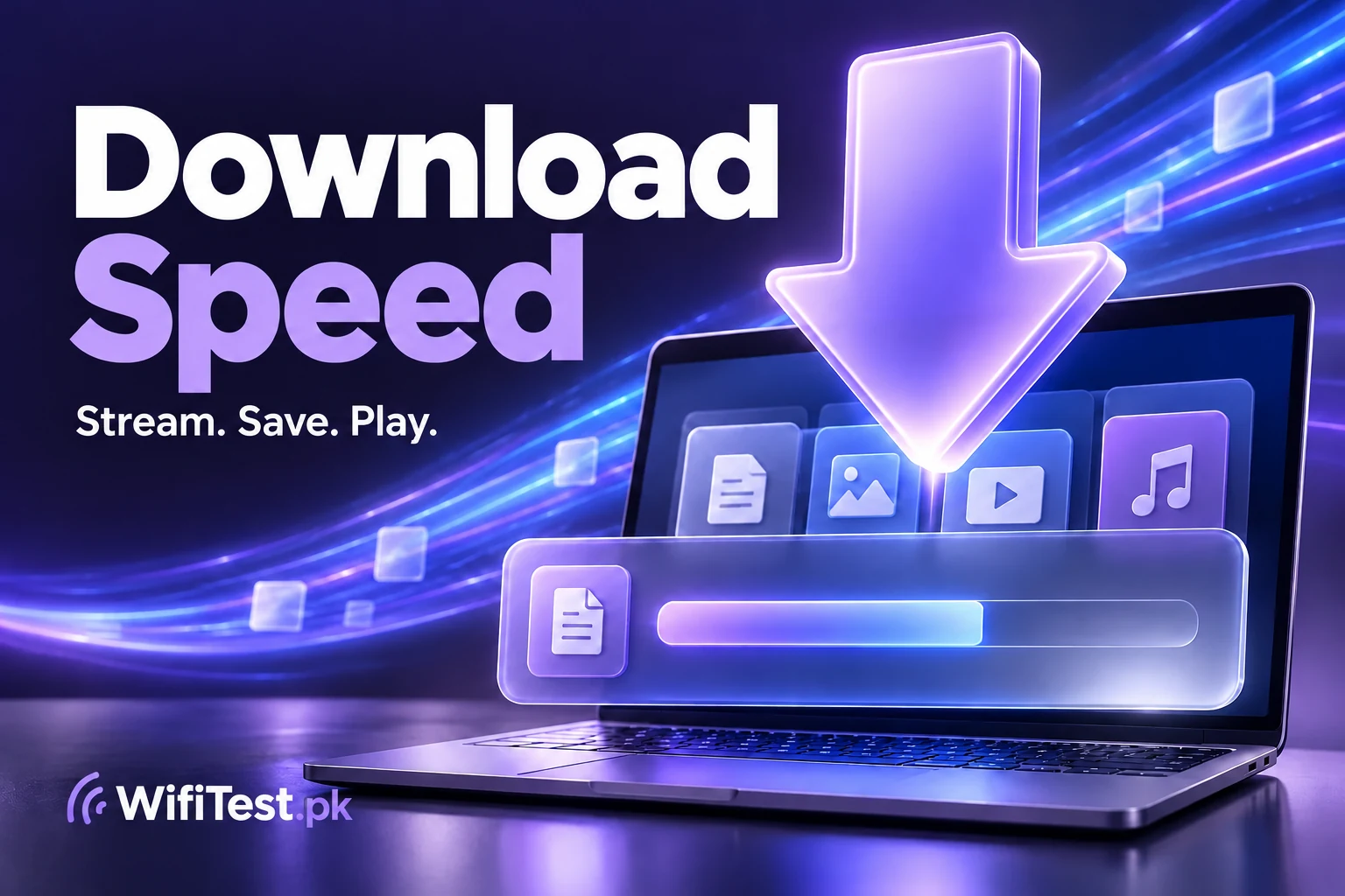 Download speed explained with a downward arrow, transfer progress bar and file icons.