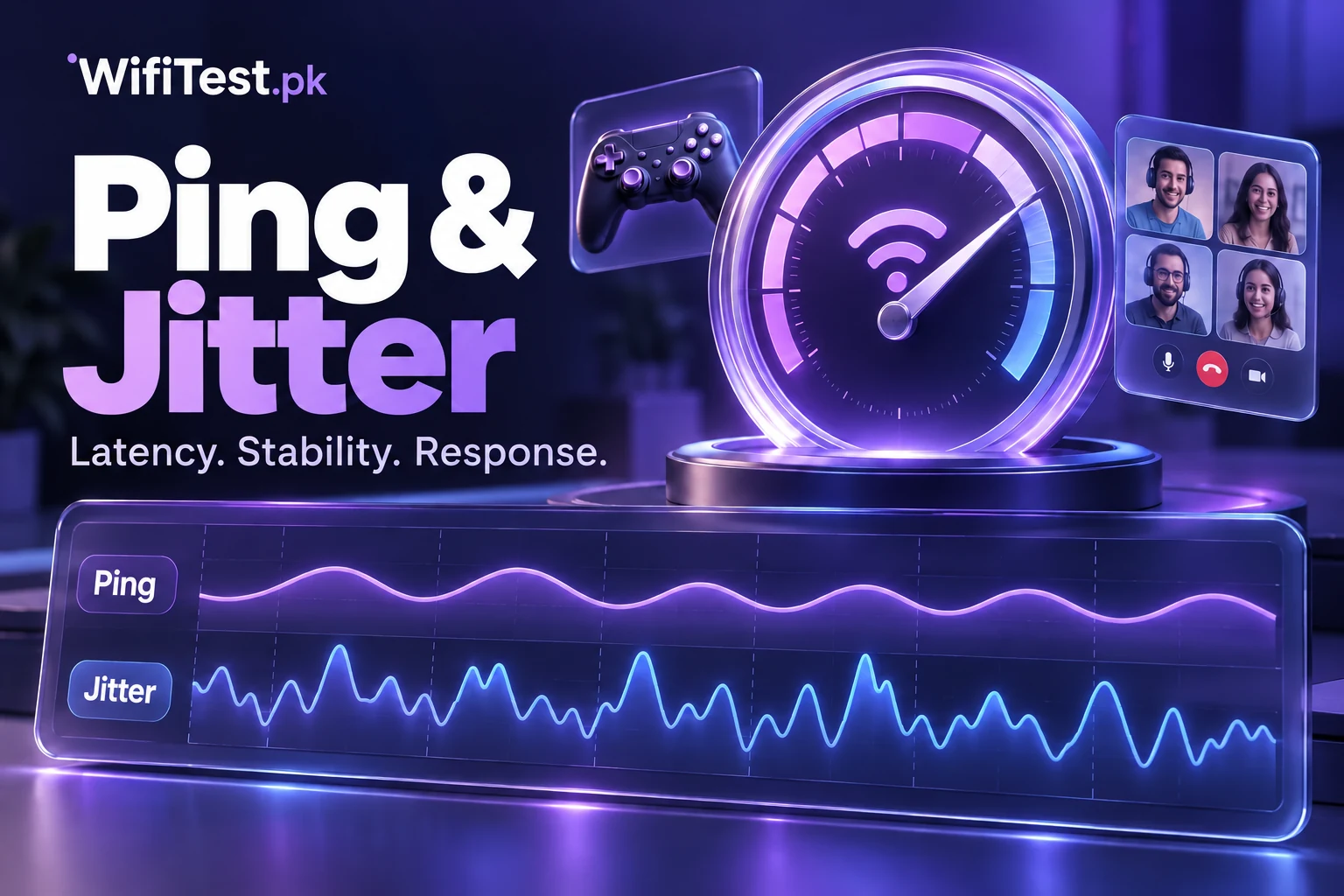 Ping and jitter illustrated by a latency dial, response-time waveforms and gaming icons.