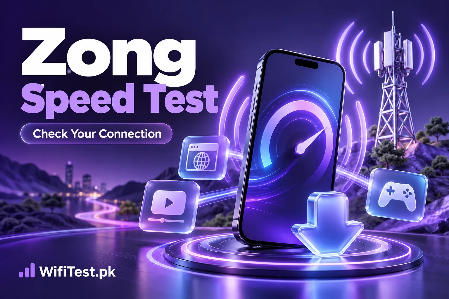 Zong mobile speed test illustration with a smartphone, signal rings and internet performance dashboard.